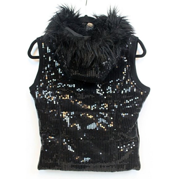 NWT Aeropostale Jrs Sz M Black Sequin Insulated Vest Removeable Faux Fur Trim - Picture 3 of 10